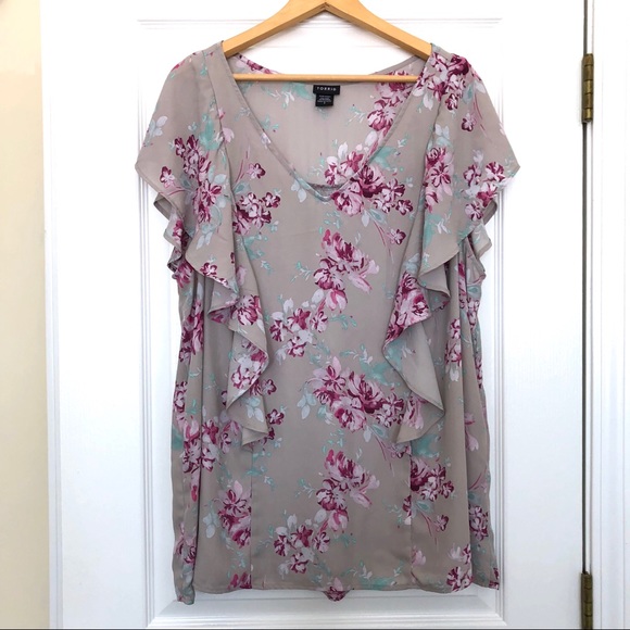 torrid Tops - Torrid Gray Ruffle Sleeve Georgette Floral Blouse